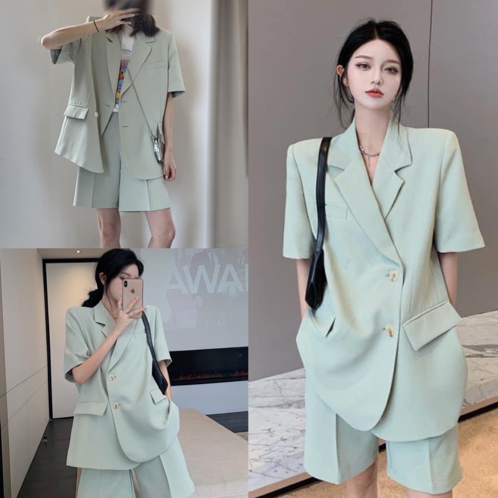 Sét áo vest blazer ngắn tay màu xanh kèm quần short ống rộng chất tuyết mưa- áo blazer cộc tay quần đùi lưng cao ulzzang