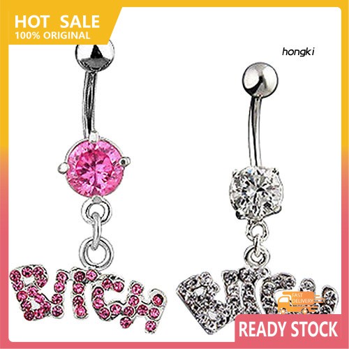 Khuyên rốn đính đá pha lê chữ bitch chất liệu thép y tế