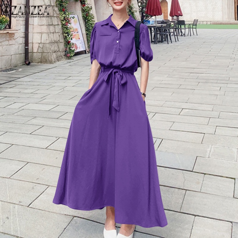 Đầm xòe ZANZEA tay phồng ngắn cài nút trước thời trang dành cho nữ