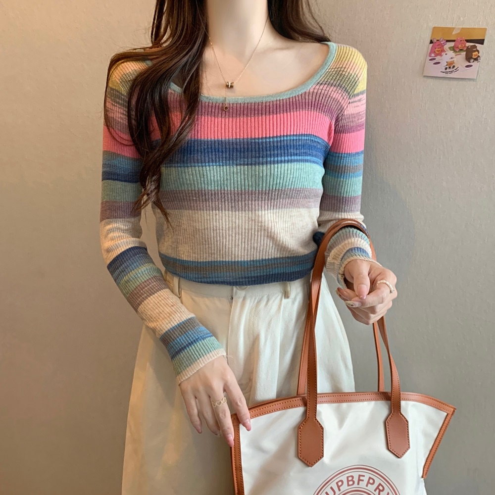 Áo dệt kim ZHELIHANGFEI tay dài dáng ôm họa tiết sọc màu cầu vồng dễ phối đồ thời trang