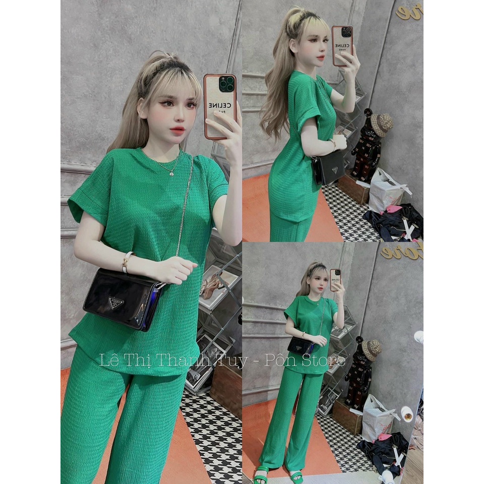 Sét bộ thời trang nữ mặc đi chơi chất thun xốp áo tay ngắn cổ tròn mix quần dài ống suông y hình 100%