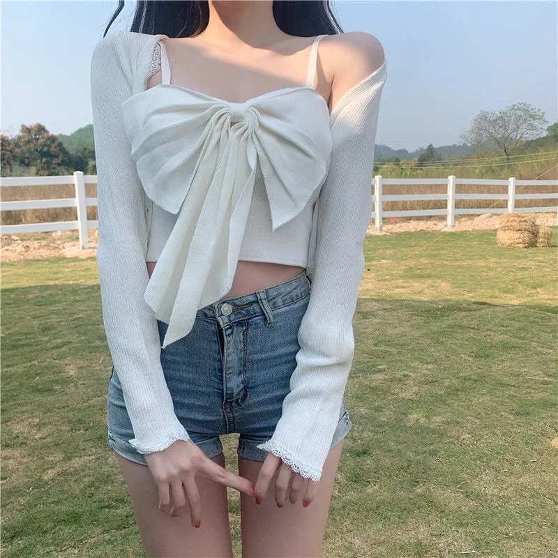 Áo Hai Dây Croptop Nơ To Nữ Màu Trắng, Xanh, Hồng Chất Mongtoghi Style Hàn Quốc Sexy Tiểu Thư Loại 1 Hàng Quảng Châu