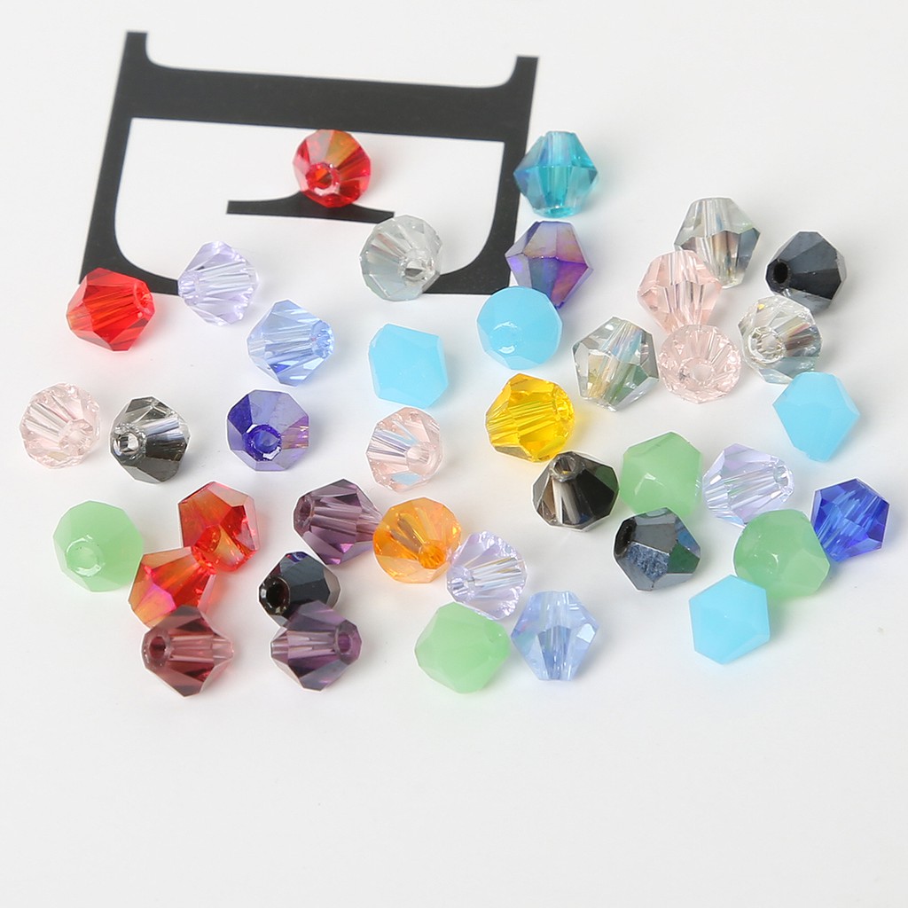 Set 100 hạt pha lê thủy tinh bicone dùng kết cườm/ làm trang sức/ móc khóa/ vòng cổ/ vòng tay/ hoa tai thủ công 4 mm