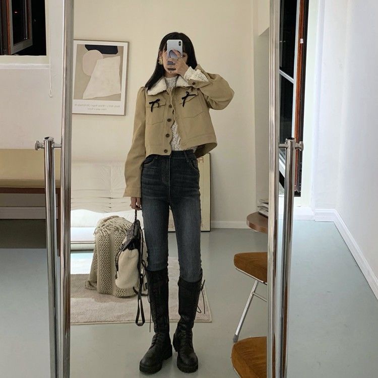 Xiaozhainv Quần jean dài Xiaozhainv lưng cao dáng ôm ống loe kiểu vintage cá tính cho nữ