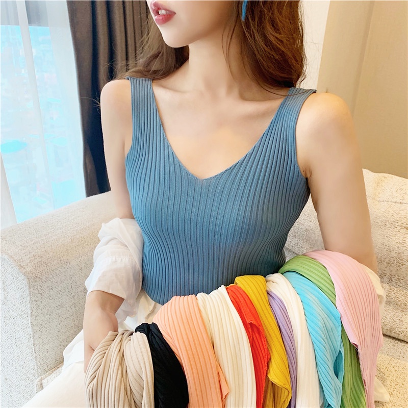 Áo Dệt Kim Sát Nách Cổ Chữ V Màu Sắc Thanh Lịch