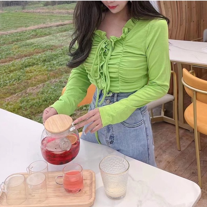 Áo Nhún Bèo Dây Rút Tay Dài LSEOUL A2364 Nhiều Màu Ngọt Ngào Nữ Tính