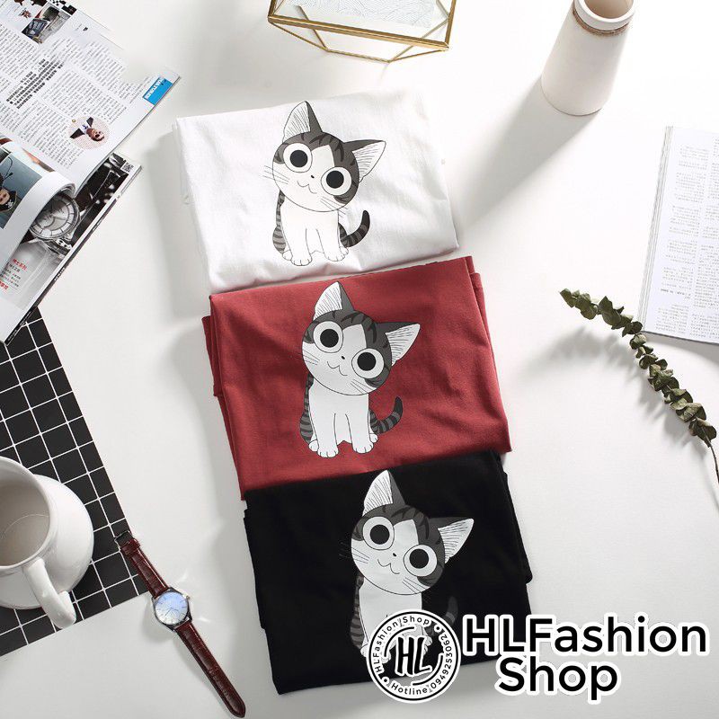 Áo thun tay lỡ form rộng Mèo đáng yêu, áo phông form rộng size HLFashion | BigBuy360 - bigbuy360.vn