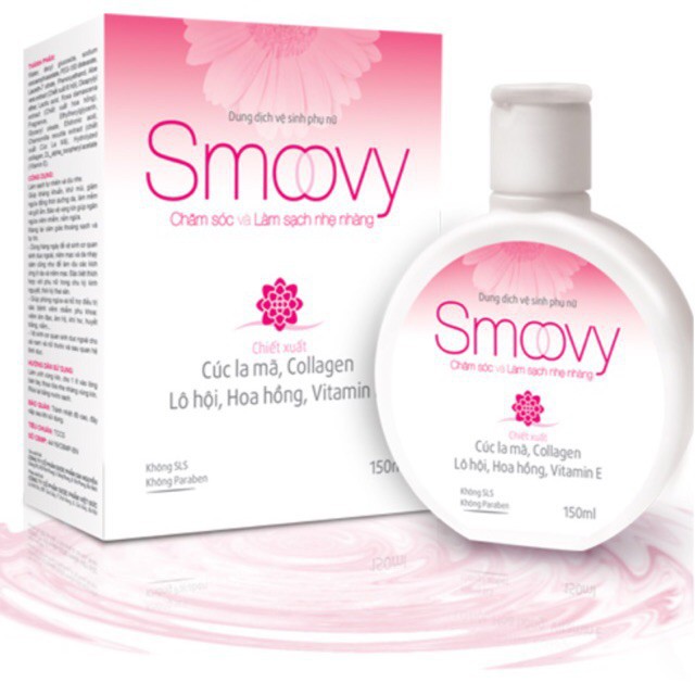 Dung dịch vệ sinh phụ nữ Smoovy (chiết xuất collagen , vitamin E, cúc la mã, hoa hồng, lô hội )150 ml