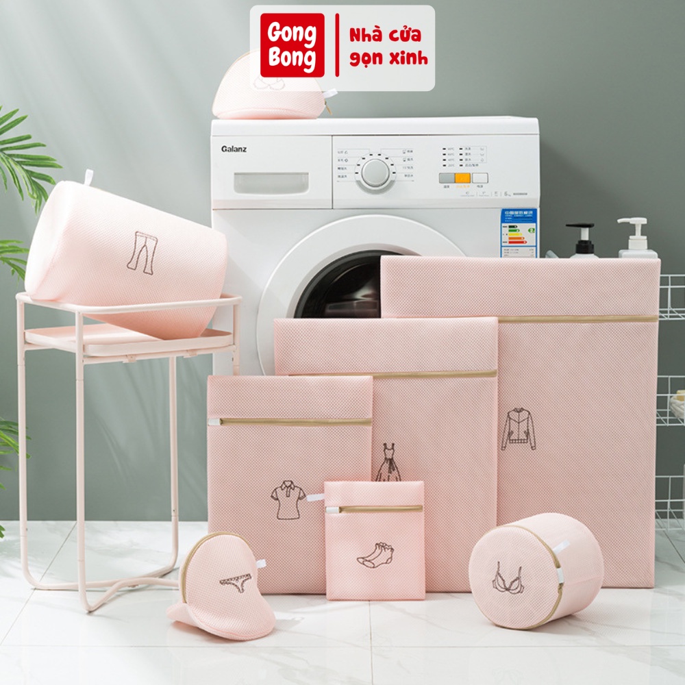 Túi lưới giặt quần áo đồ lót máy giặt 8 món chất lưới 3 lớp có khóa hình thêu phân loại nhiều màu tiện lợi
