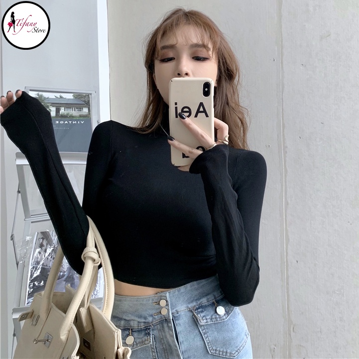 Áo Croptop Cổ Lọ Dài Tay Bigsize Dưới 80Kg Chất Thun Co Dãn 4 Chiều Mùa Trắng Freesize  "CROP CL"