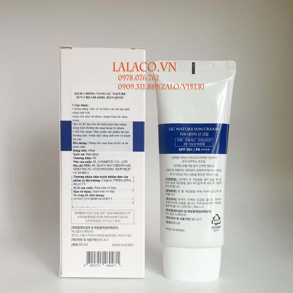 Kem Chống Nắng Nâng Tone,Dưỡng Da Hàn Quốc GC Nature Sun Cream SPF 50+ 60ml