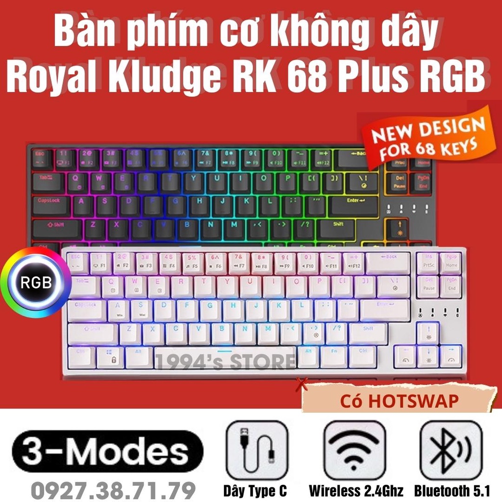 Bàn phím cơ RK871 Version 4 - Bàn phím cơ RK68 Plus - Bluetooth 5.1 - Wireless 2.4G - Cáp Type C - Phần mềm Macro phím