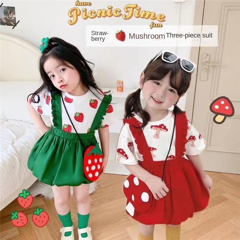 Bộ Trang Phục 3 Món Gồm Áo Thun Tay Ngắn In Họa Tiết Dễ Thương Phối Chân Váy Yếm / Túi Nhỏ Thời Trang Mùa Hè Cho Bé Gái