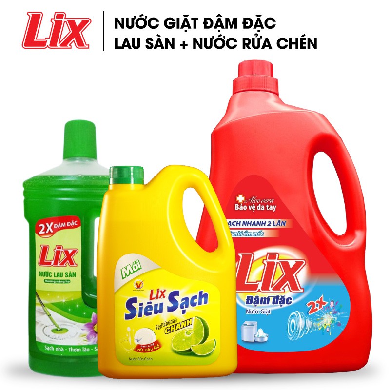 COMBO 36 - Nước giặt Lix đậm đặc hương hoa 2Kg + Nước rửa chén Lix SS chanh 1.4Kg + Nước lau sàn Lix hương nắng hạ 1L