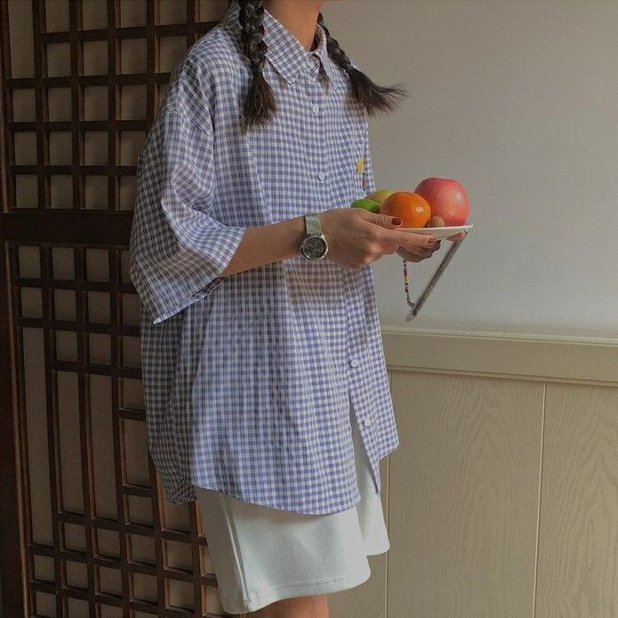 Áo sơ mi tay ngắn kẻ sọc vuông thêu họa tiết gấu đáng yêu thời trang dành cho nữ