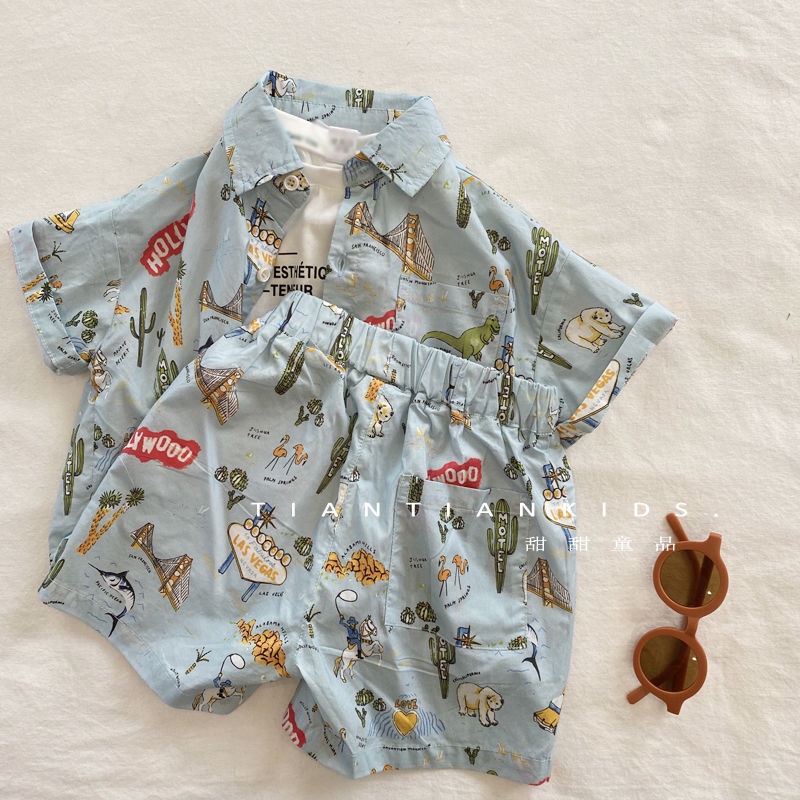 Bộ Áo Thun Tay Ngắn Và Quần Lửng In Hình Khủng Long Dành Cho Bé Trai Gái