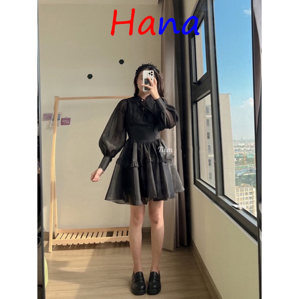 Váy tơ babydoll tay dài tiểu thư chân váy nâng tầng- Hana35
