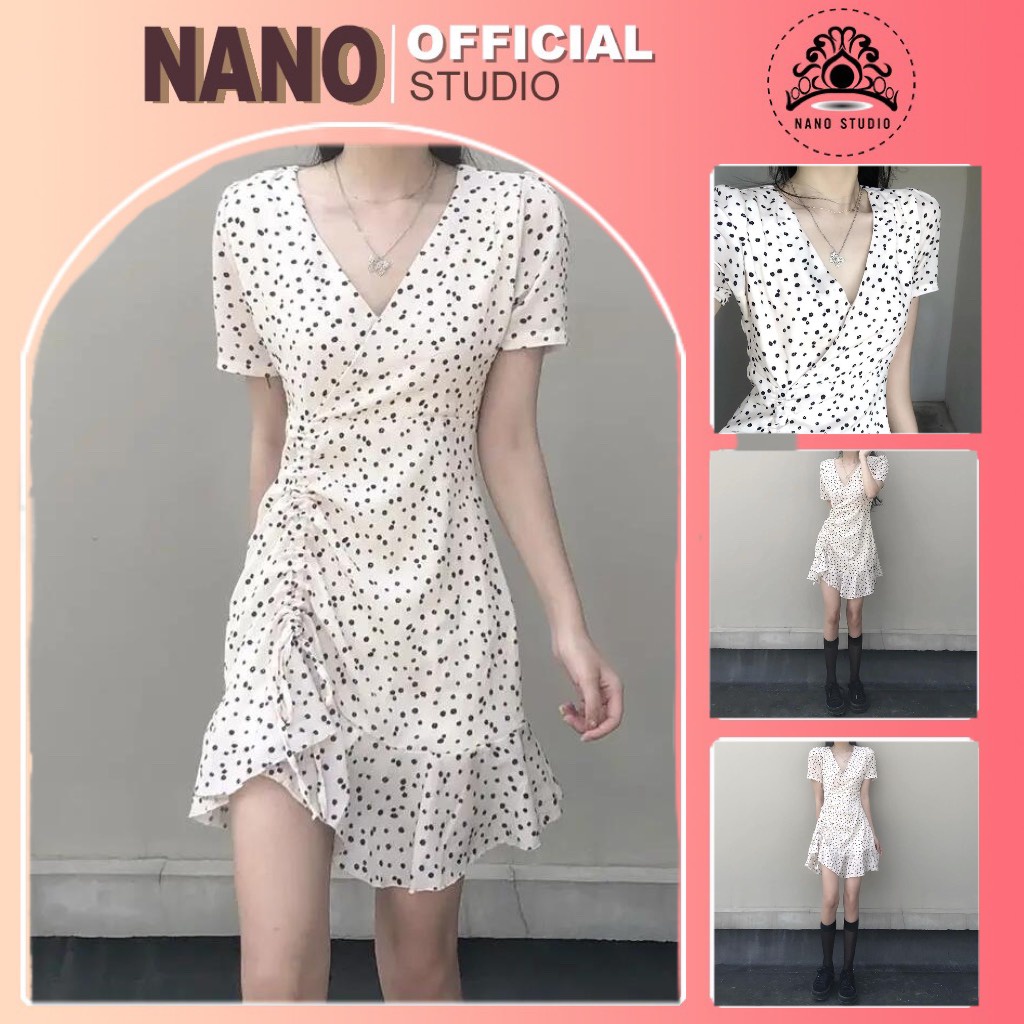 Váy Chấm Bi 🌼NANO Studio🌼Đầm cổ tim thiết kế nhã nhặn hàng Quảng Châu loại 1