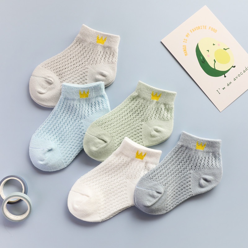 Set 5 Đôi Tất Lưới Siêu Mỏng Thoáng Khí In Hình Vương Miện Dễ Thương Cho Bé 3-8 Tuổi