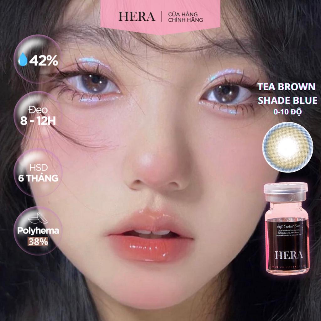 Lens Hera Nâu Trà Viền Xanh 0 - 10 Độ TEA BROWN SHADE BLUE Nhập Khẩu Hàn Quốc Kính Áp Tròng Cận 6 Tháng