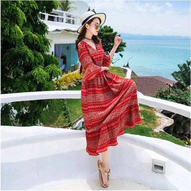 Đầm maxi chiffon mịn tay lỡ eo thun hoạ tiết hoa thổ cẩm size S M L XL