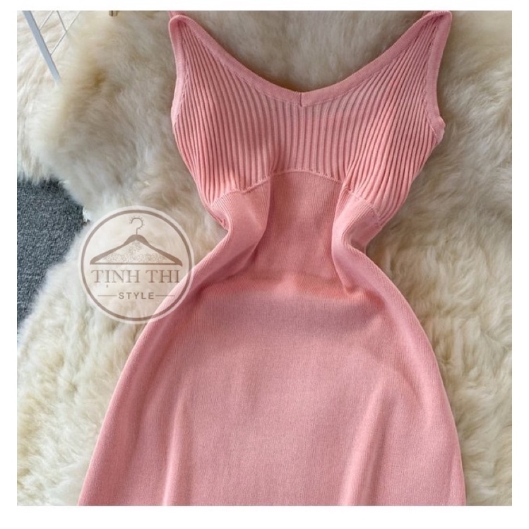 Đầm body len dây phối khoác, Set đầm dây + khoác tay dài chất len dệt kim