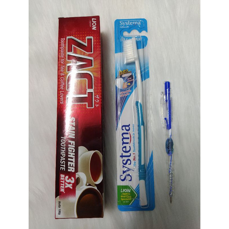 Combo 1 kem đánh răng Zact 190g và 1 bàn chải đánh răng Systema Regular nhập khẩu Thái Lan của tập đoàn Lion