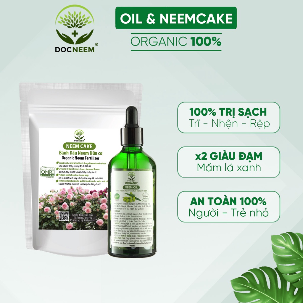 Combo Neem oil & Neem Cake trị chăm sóc hoa hồng, trị côn trùng sâu bệnh, bật mầm sai hoa, kích rễ, Thương hiệu Docneem