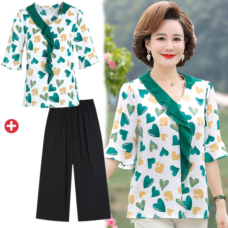 ♘Phụ nữ trung niên áo sơ mi voan mùa hè ngắn tay phù hợp với bà mẹ và người lớn tuổi quần hai mảnh