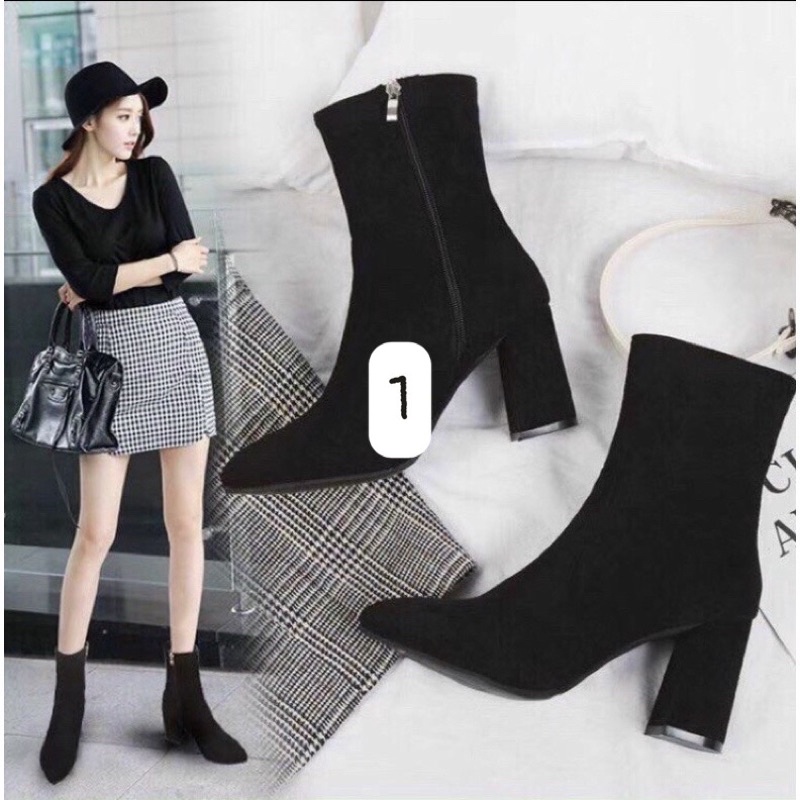 Boots nữ hot trend, BỐT DA LỘN CỔ LỬNG GÓT VUÔNG KHOÁ CẠNH THỜI TRANG XỊN XÒ