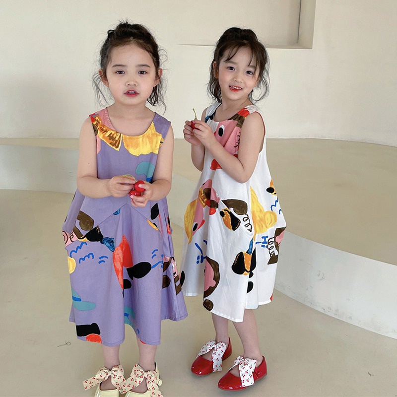 Đầm Công Chúa Sát Nách Cổ Tròn In Họa Tiết Hoạt Hình Kiểu Hàn Quốc Thời Trang Mùa Hè Cho Bé