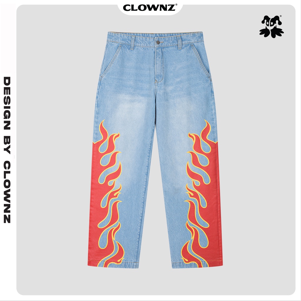 Quần bò jeans local brand Clownz Racing Flames dáng unisex form rộng