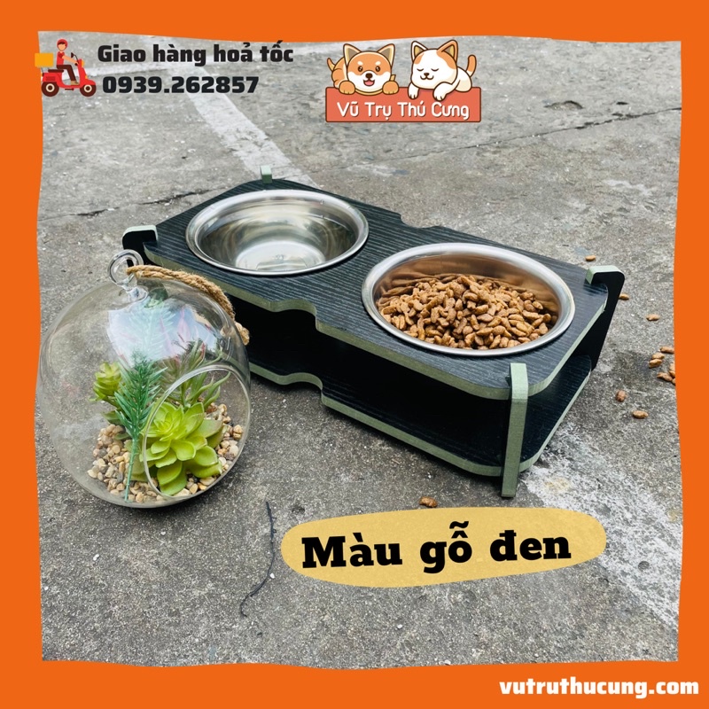 Bát ăn đôi cho chó mèo bằng gỗ, 2 bát inox