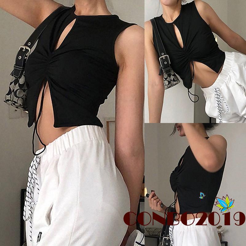 Áo croptop không tay màu trơn phối dây rút thời trang mùa hè cho nữ màu đen