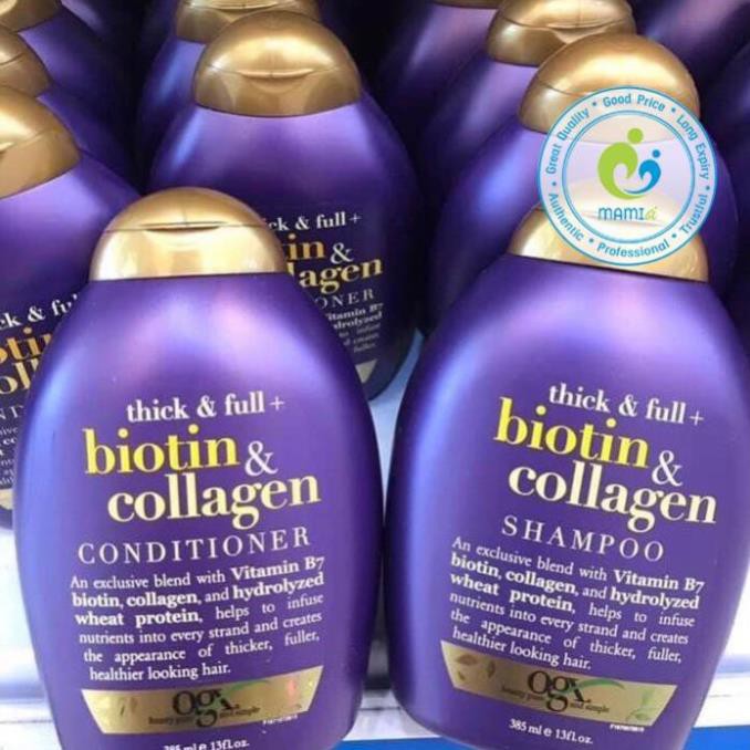 Cặp dầu gội và xả (385ml) nuôi dưỡng phục hồi tóc hư tổn làm tóc bóng mượt hơn Thick & Full + Biotin Collagen OGX, USA