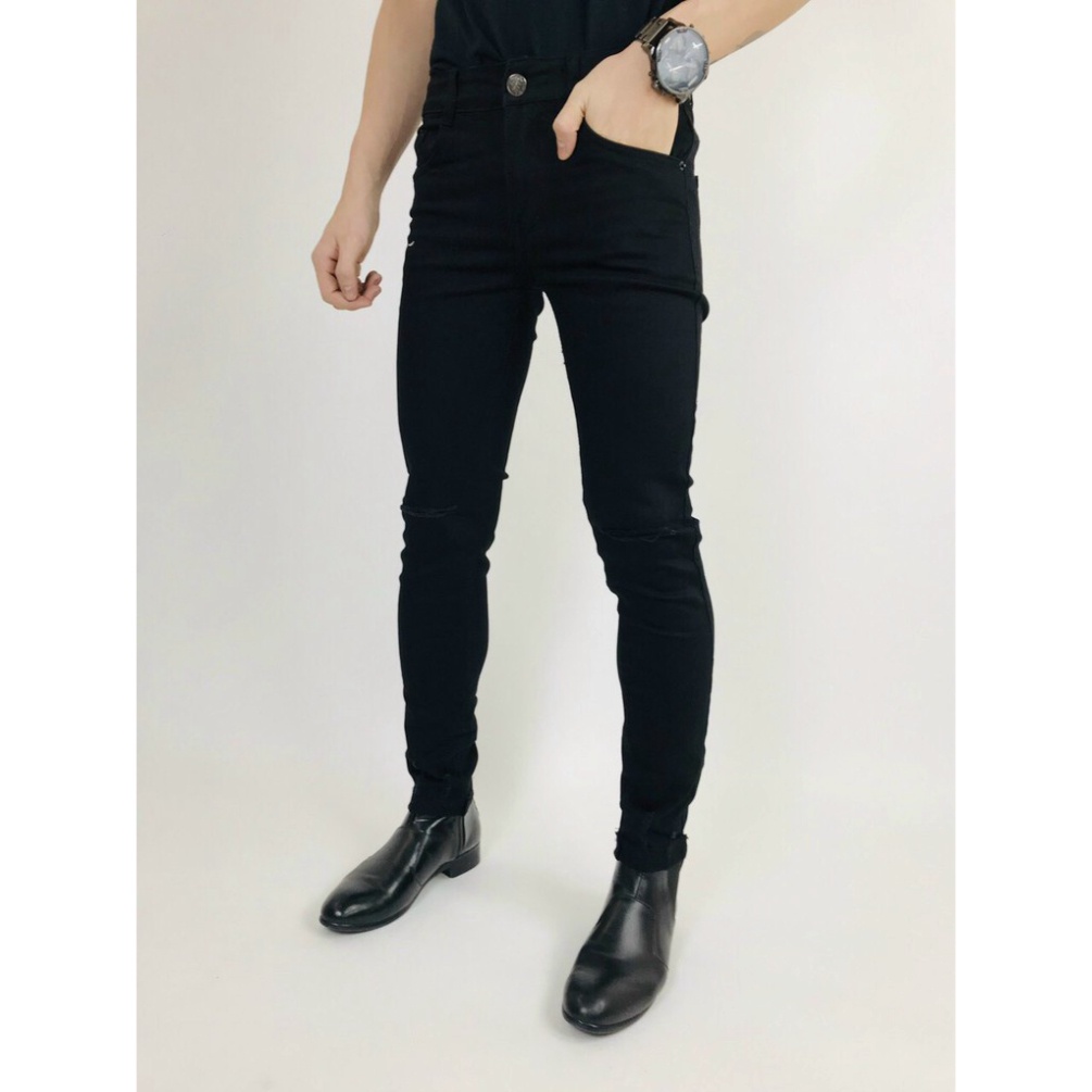 Quần jeans nam rách gối 2 màu trắng, đen, Ống ôm hợp dáng chất vải cao cấp mềm mịn, nam tính