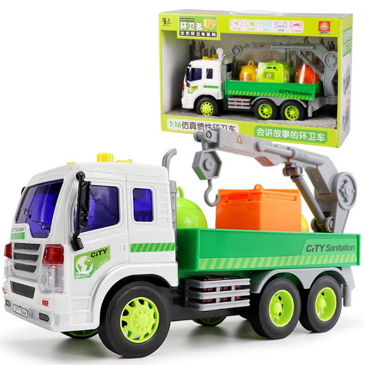 Xe ô tô chở rác có cẩu móc chạy đẩy trớn có âm thanh và đèn - đồ chơi trẻ em tỉ lệ 1:16