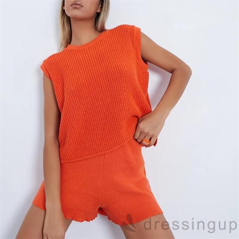 Set Đồ 2 Món Gồm Áo Dệt Kim Cổ Tròn Dáng Rộng Màu Sắc Đơn Giản + Quần Short Nhiều Màu Cho Nữ