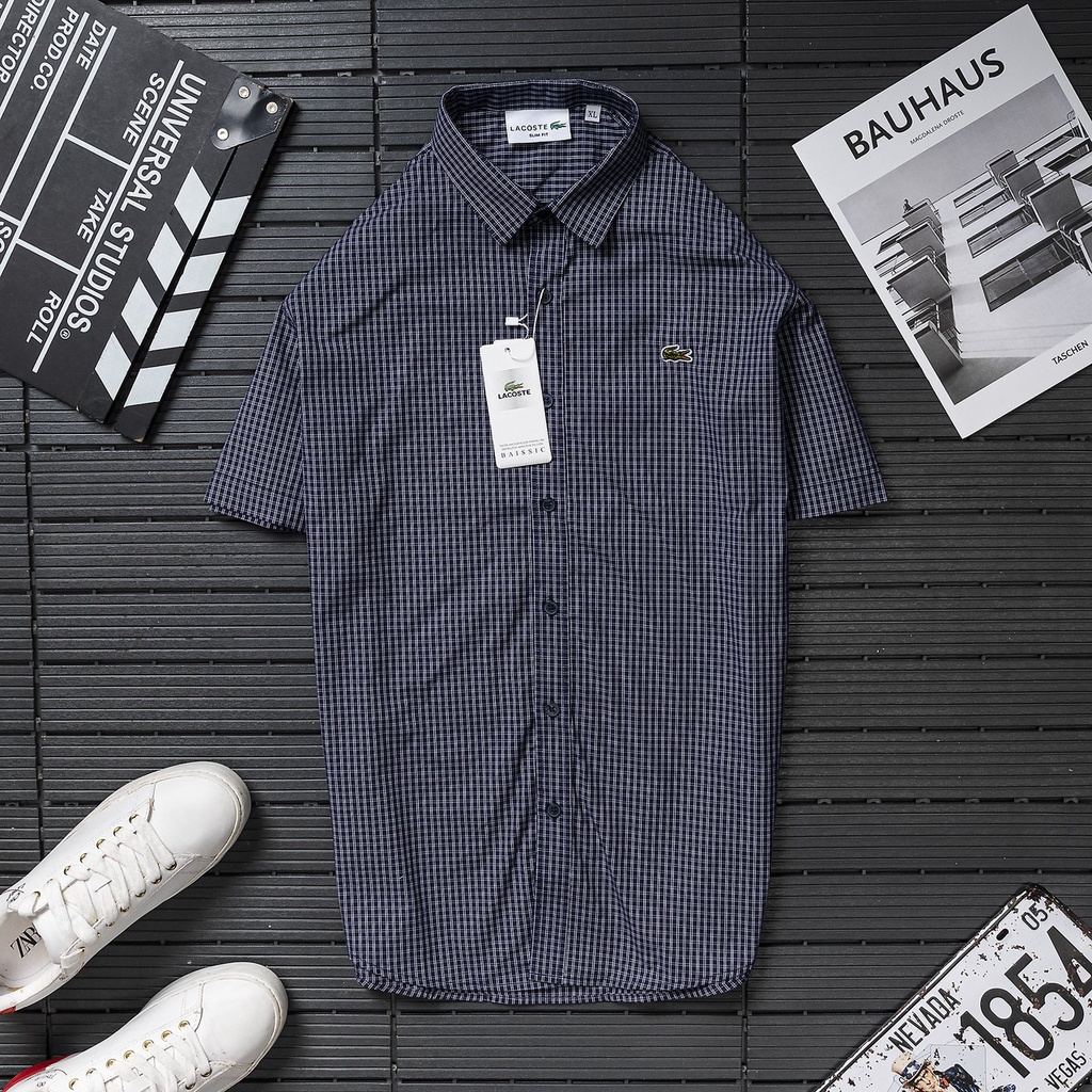 Áo sơ mi nam tay ngắn LC xanh đậm họa tiết caro, vải oxford cao cấp, ít nhăn, giá rẻ - Đẳng cấp phái mạnh