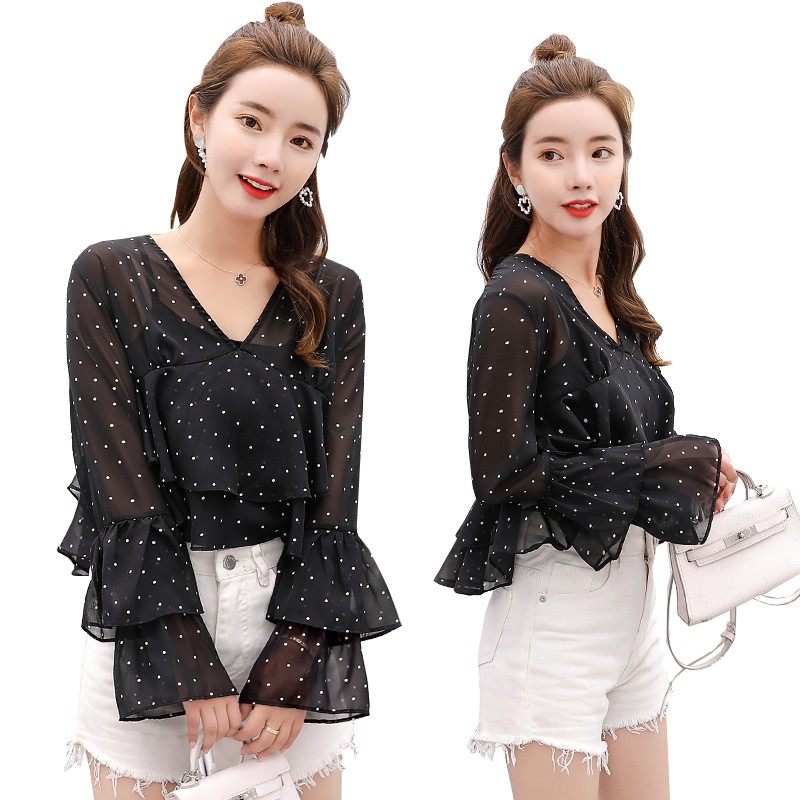 Áo voan kiểu cổ V tay dài với họa tiết chấm bi điệu đà nữ tính | BigBuy360 - bigbuy360.vn