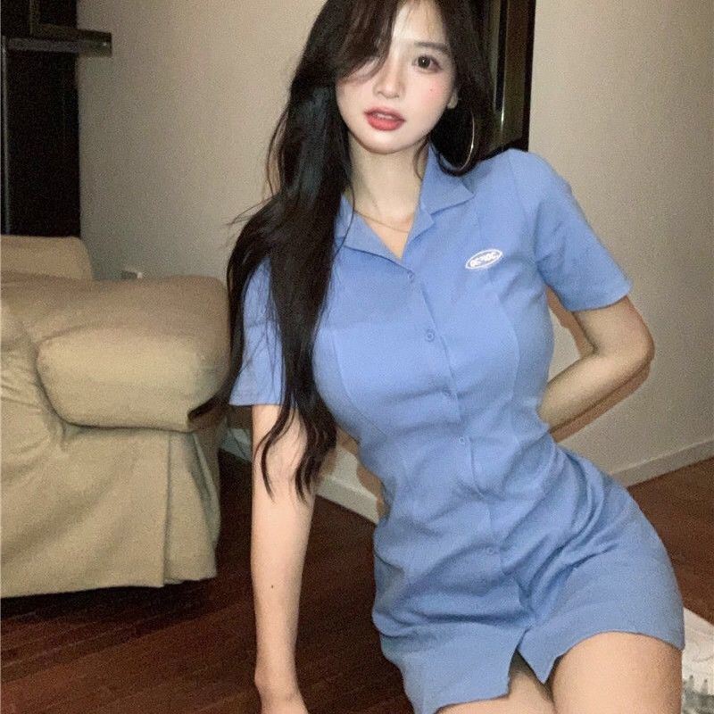 COZOK Đầm Cổ polo Ôm Eo Phong Cách Hàn Quốc