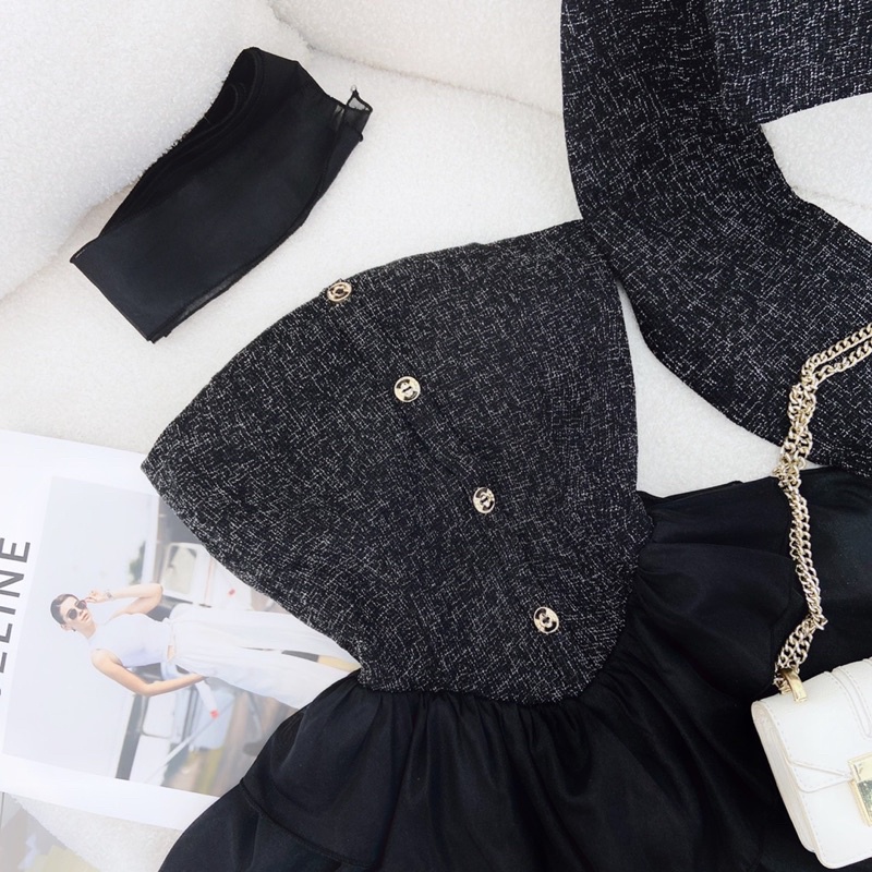 SET ĐẦM DẠ ỐNG PHỐI VOAN TẦNG KÈM KHOÁC CROP DẠ