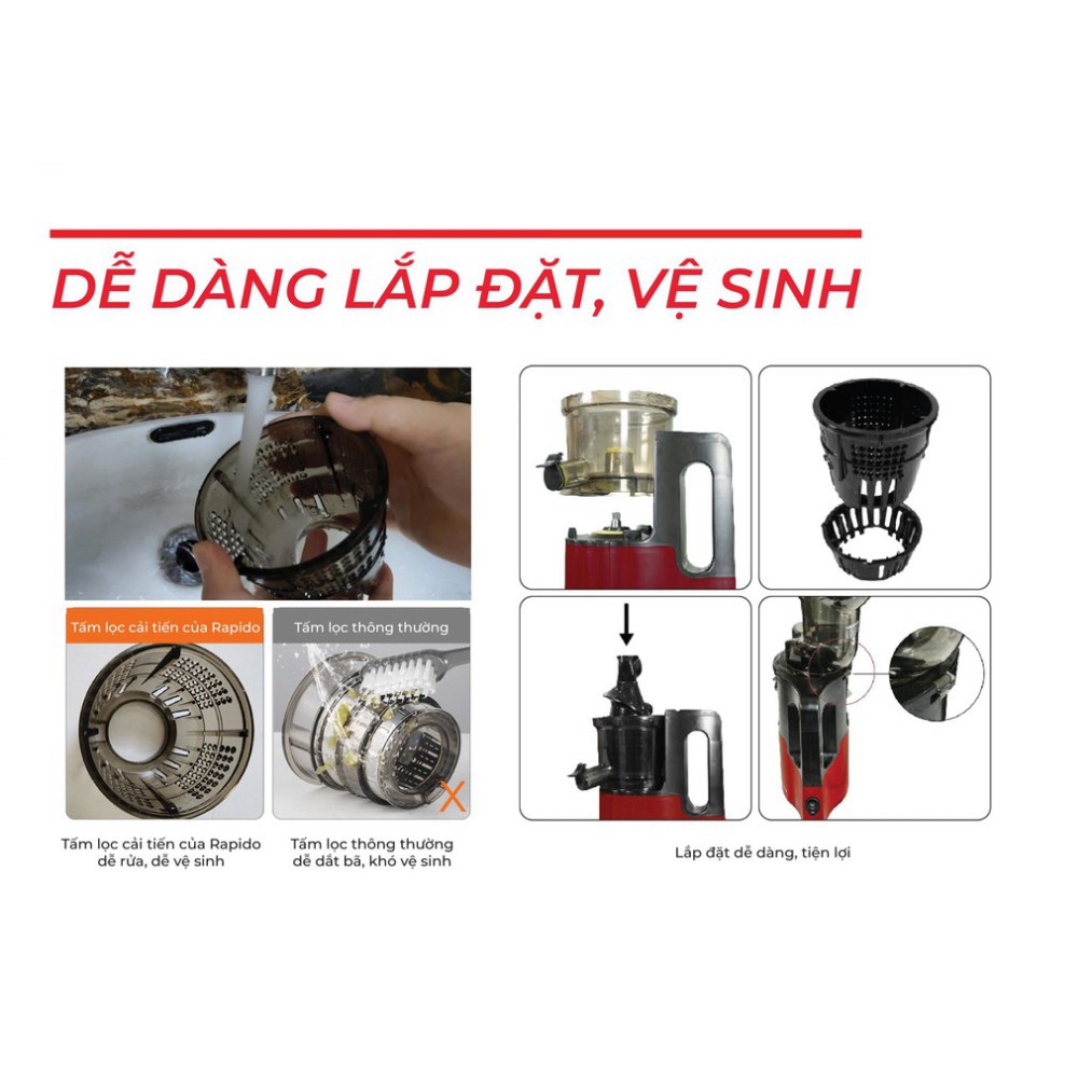 Máy ép chậm Rapido RSJ-200M - Máy ép chậm hoa quả kiệt bã, công suất lớn 200W, động cơ DC siêu êm - BẢO HÀNH 12 THÁNG