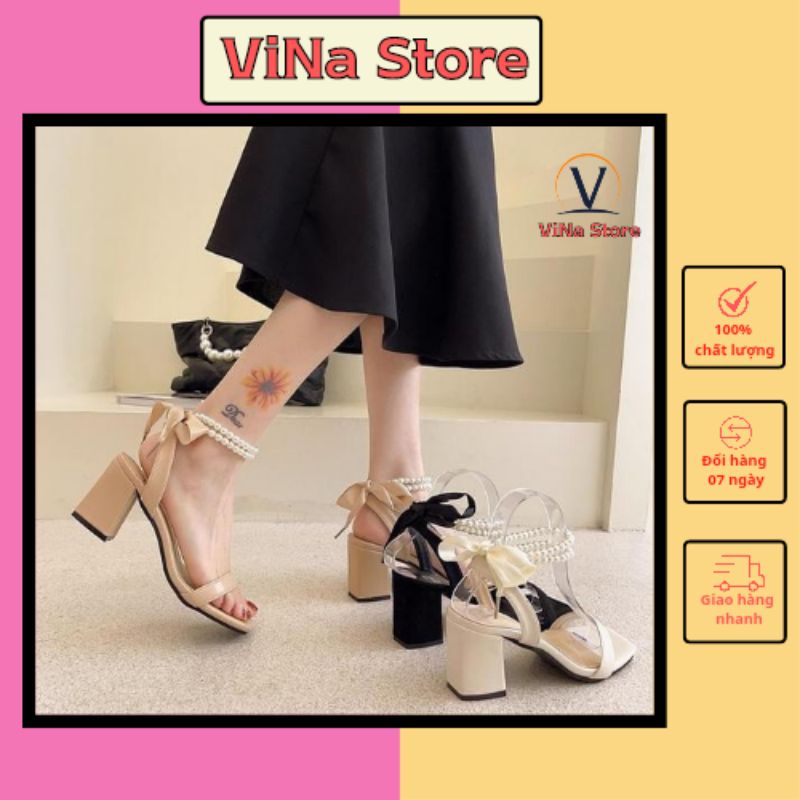 Giày cao gót nữ đế vuông 5-7 phân quai ngọc thắt nơ hottrend 2022 VINA STORE mã S01