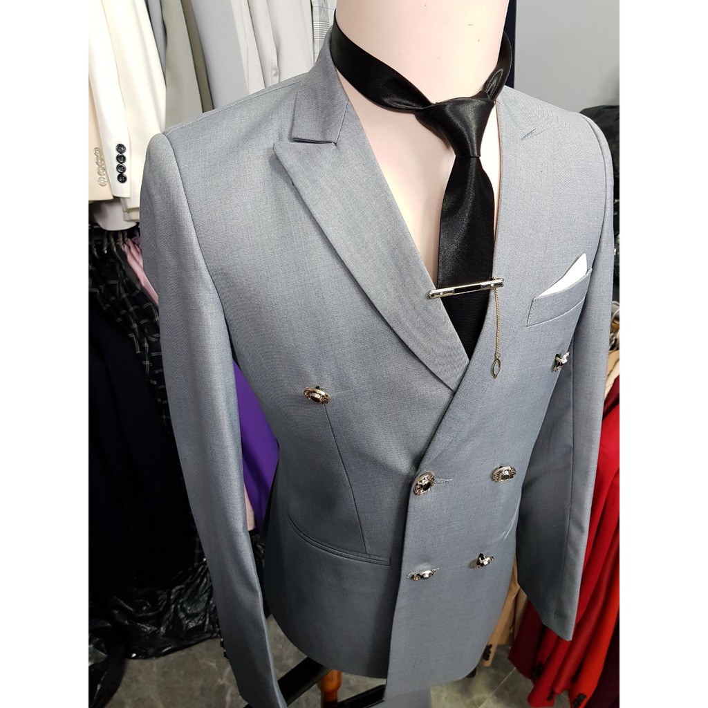 Combo Bộ vest nam ôm body màu xám ghi kiểu 6 nút + áo gile + combo phụ kiện