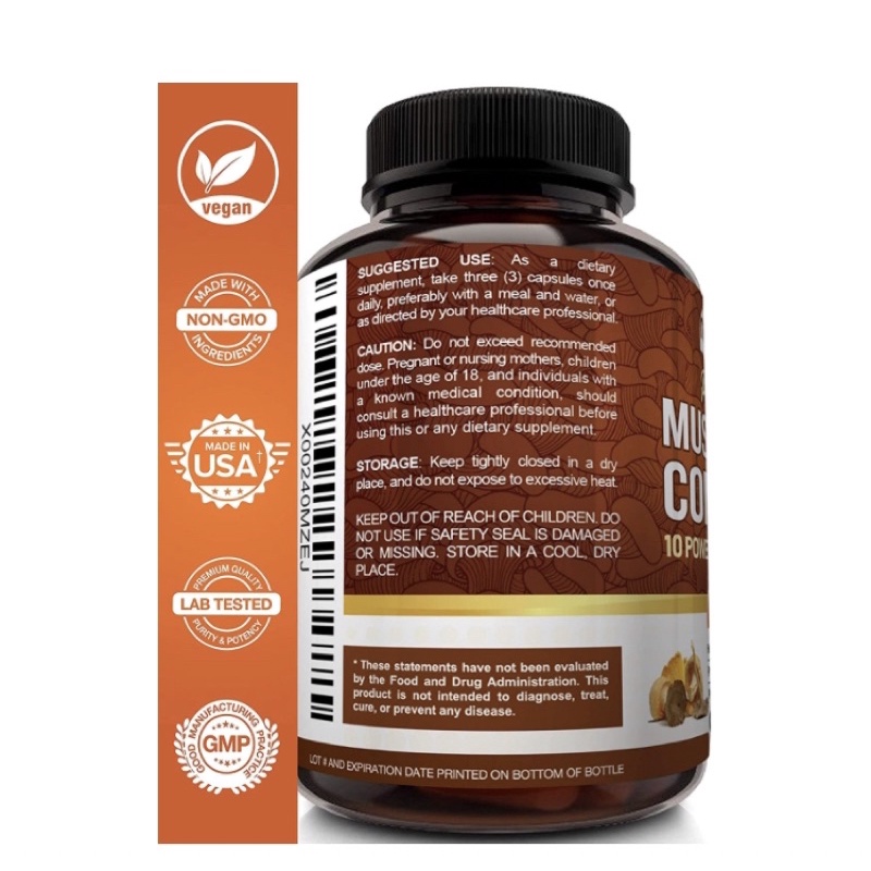 Viên uống thuần chay chiết xuất 10 loại nấm NutriFlair Mushroom Supplement 2600mg 90v USA