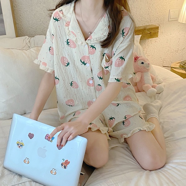 Bộ Đồ Ngủ Tay Ngắn + Quần Sooc Vải Cotton Lanh Kiểu Hàn Quốc Dễ Thương Cho Bạn Gái