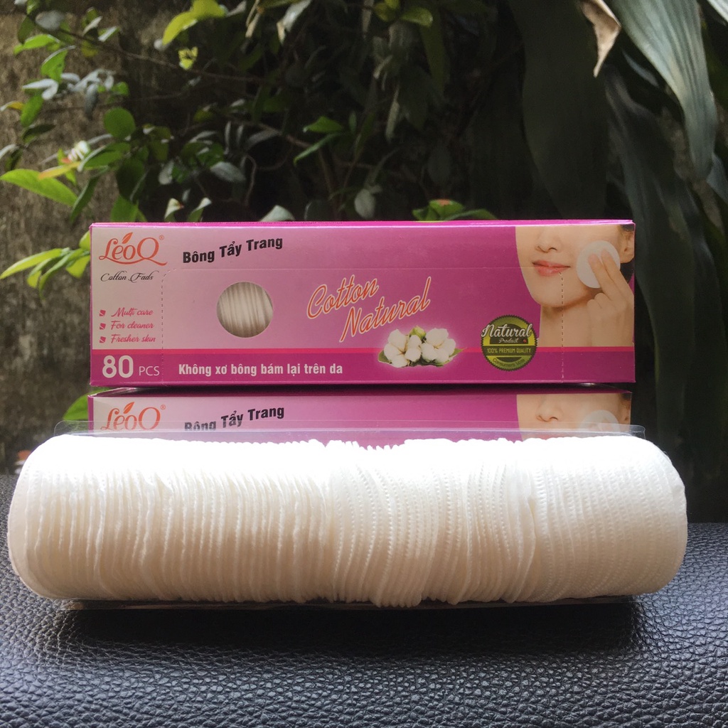 bông tẩy trang LeoQ hộp 80 miếng, chất cotton 100%, có khâu viền, không sơ bông.