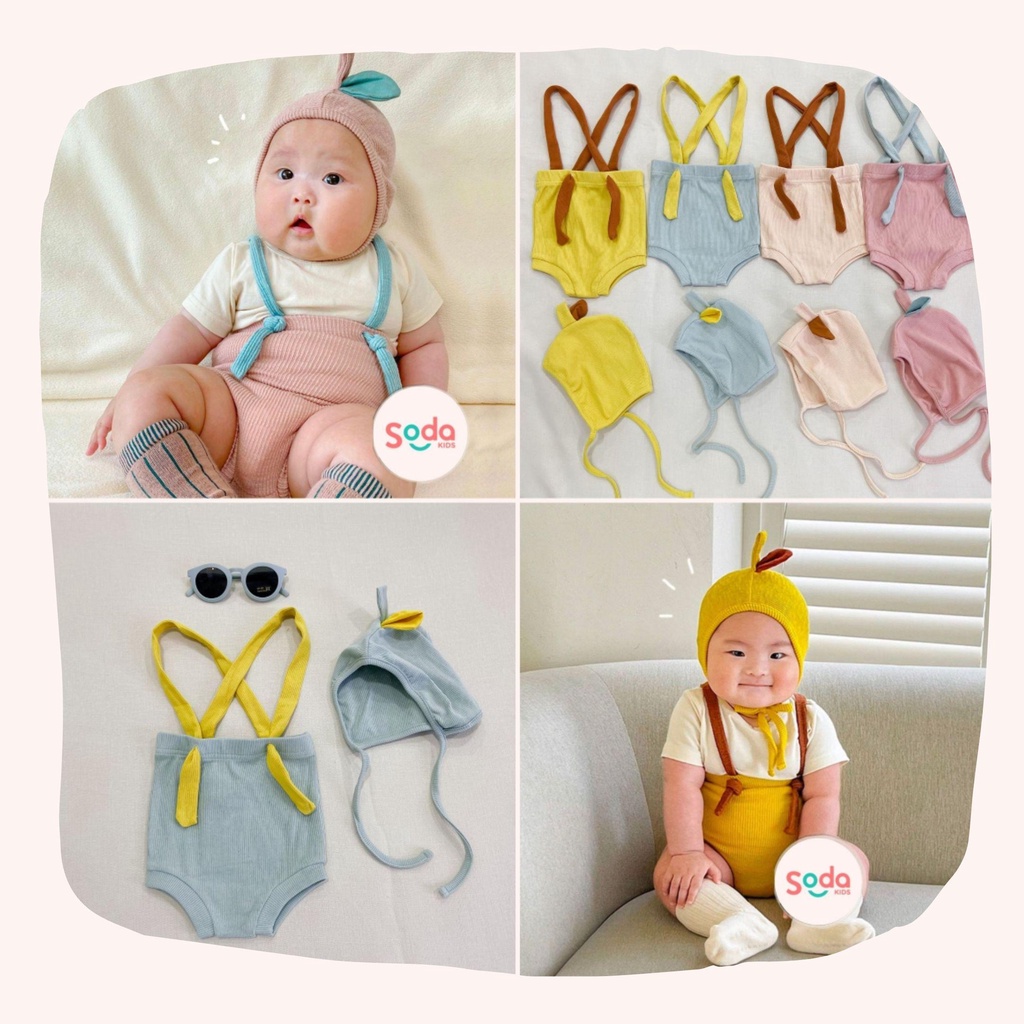 Bộ quần yếm đùi em bé tặng kèm mũ lá cute size 5 đến 13kg