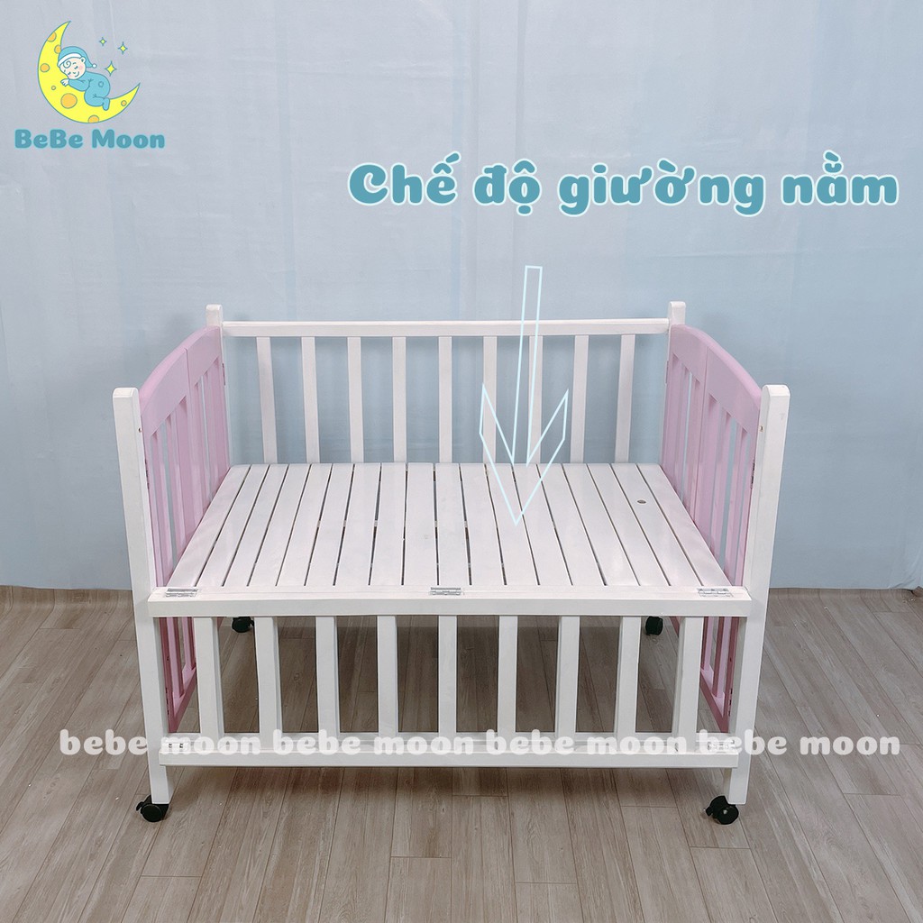 [Combo] Giường Cũi Cho Bé Gái Màu Trắng Hồng Chất Liệu Gỗ Quế [130x80x85] BH 24 Tháng